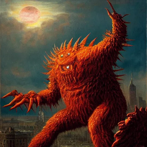 Image similar to A beautiful body art of a large, orange monster looming over a cityscape. The monster has several eyes and mouths, and its body is covered in spikes. It seems to be coming towards the viewer, who is looking up at it in fear. by John Frederick Kensett, by Jeremiah Ketner gloomy