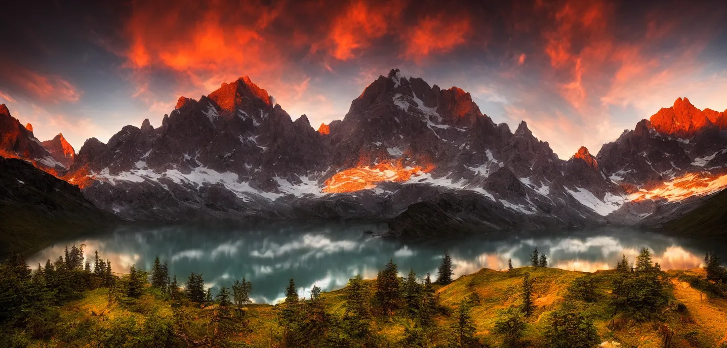 Image similar to amazing landscape photo of mountains with lake in sunset by marc adamus, beautiful dramatic lighting