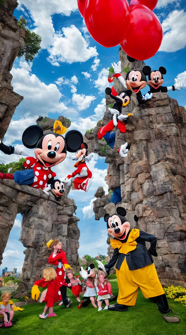 Image similar to giant mickey mouse looming over cowering children, professional photo, hdr