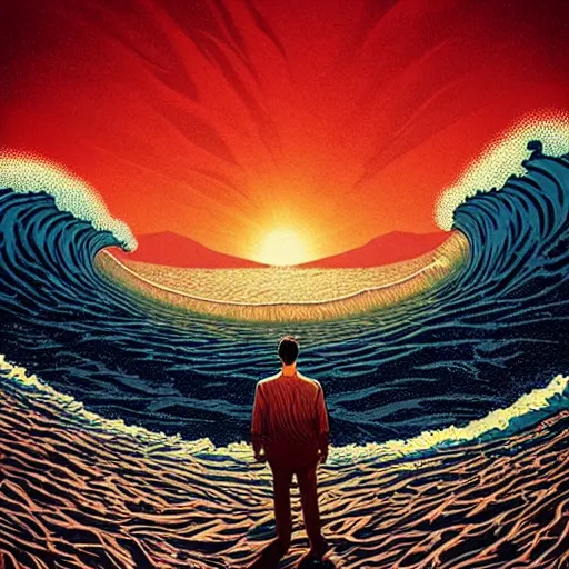 Image similar to a man standing in front of a giant wave, poster art by Jeffrey Smith, behance contest winner, pop surrealism, concert poster, poster art, movie poster