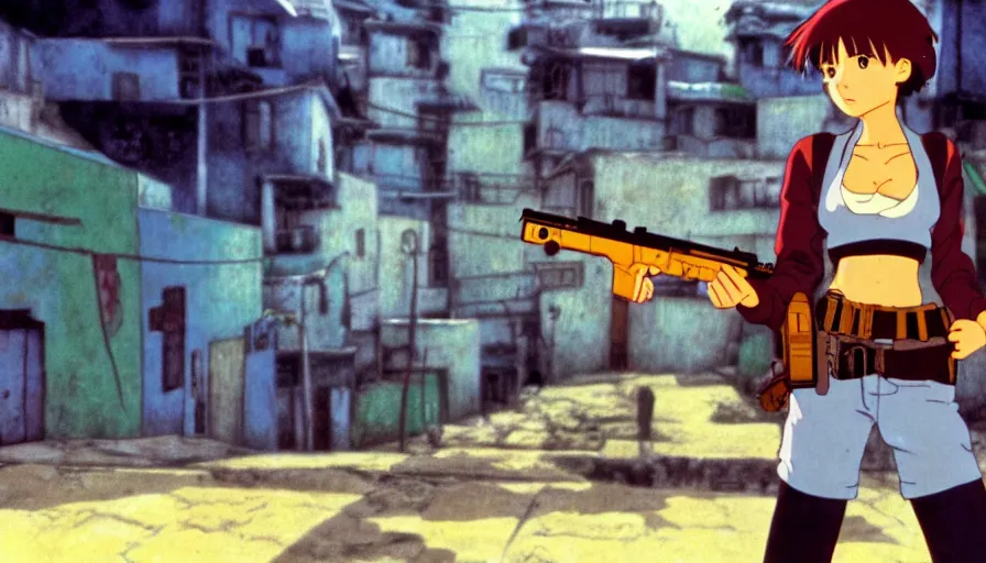 Image similar to 8 k screencap of a girl with a gun on a favela anime, by hayao miyazaki, studio ghibli, favela background extremely high quality artwork