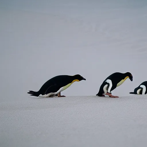 Image similar to penguins sliding in sand dunes, photography