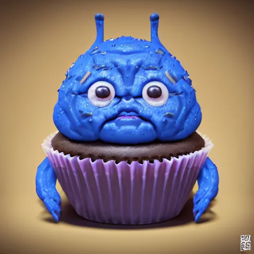 Image similar to A humanoid tasty looking cupcake with bushy eyebrows and grumpy face, blue light, extra detailed, digital illustration, by OLIVER ENDE, digital painting, Matte painting, trending on artstation and unreal engine