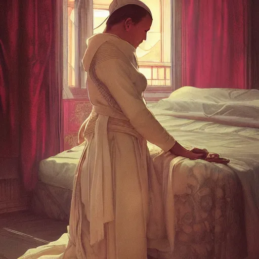 Image similar to photography of a pope making touching a sensual woman in a bedroom, deep focus, intricate, elegant, highly detailed, digital painting, artstation, concept art, matte, sharp focus, illustration, art by artgerm and greg rutkowski and alphonse mucha