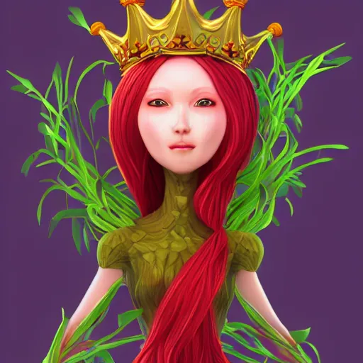 Image similar to cell shaded humanoid onion goddess, flower vine dress, crown, artstation, 4 k gorgeous, smiling, red hair regal, garlic scepter