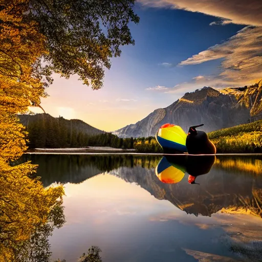 Image similar to photo of two black swans touching heads in a beautiful reflective mountain lake, a colorful hot air balloon is flying above the swans, hot air balloon, intricate, 8k highly professionally detailed, HDR, CGsociety