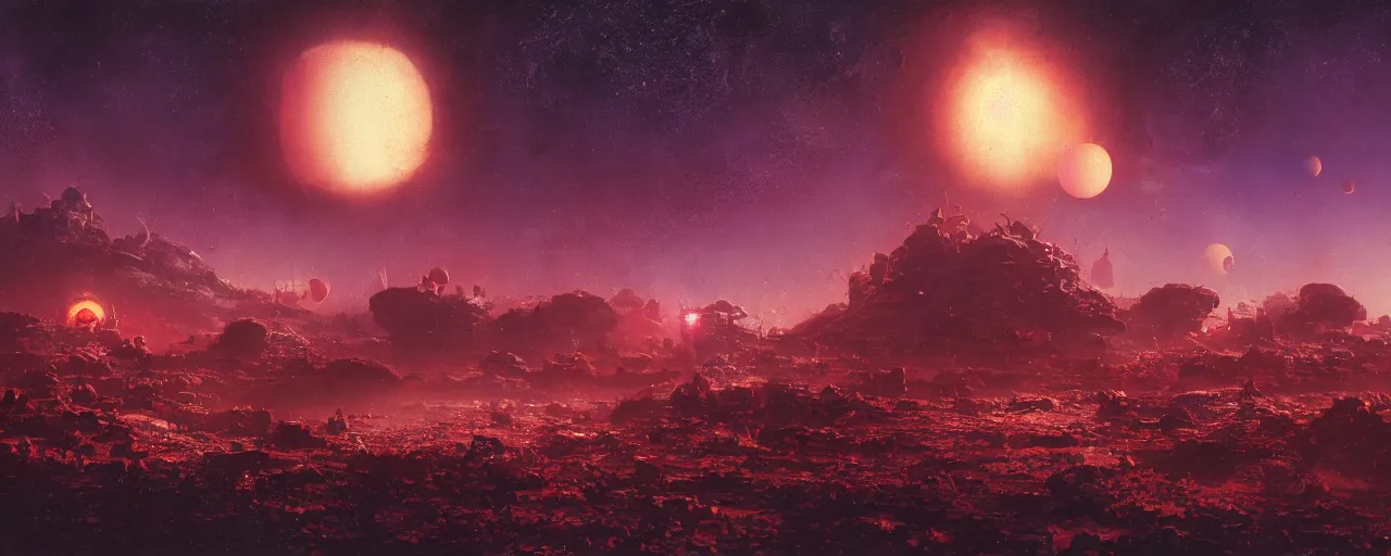 Prompt: ” planet and moons made of blood and rats, [ bubbles, by paul lehr, cinematic, detailed, epic, widescreen, opening, establishing, mattepainting, photorealistic, realistic textures, octane render ] ”