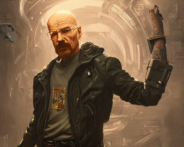 Image similar to walter white with cyberpunk implants, deep focus, d & d, fantasy, intricate, elegant, highly detailed, digital painting, artstation, concept art, matte, sharp focus, illustration, hearthstone, art by artgerm and greg rutkowski and alphonse mucha