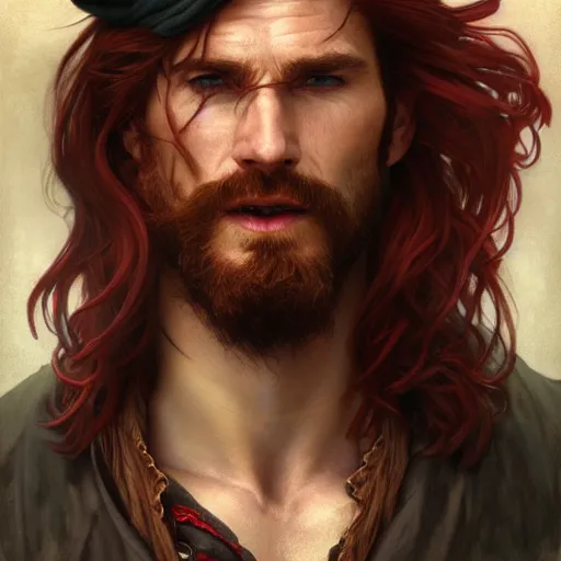 Image similar to portrait of a young ruggedly handsome but joyful pirate, male, masculine, upper body, deep red crimson hair, long hair, d & d, fantasy, roguish smirk, intricate, elegant, highly detailed, digital painting, artstation, concept art, matte, sharp focus, illustration, art by artgerm and greg rutkowski and alphonse mucha