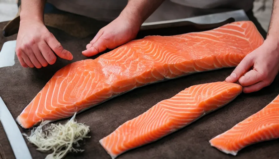 Image similar to person cuddling a flank of salmon being cut, person asleep in a salmon-meat bed and salmon body pillows