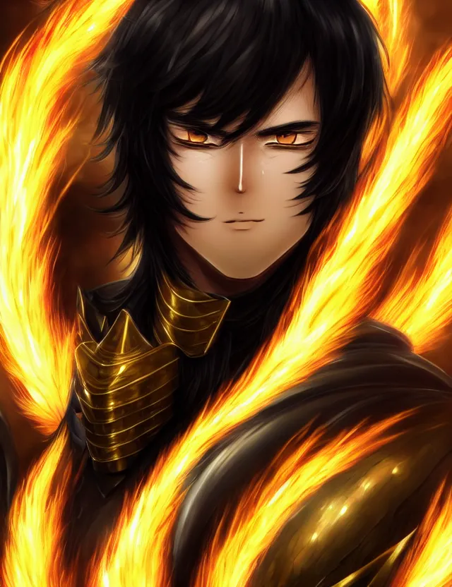 Image similar to a detailed manga portrait of a black haired man with hazel eyes in gleaming golden armour that burns with golden fire, trending on artstation, digital art, 4 k resolution, detailed, high quality, sharp focus, hq artwork, coherent, insane detail, character portrait