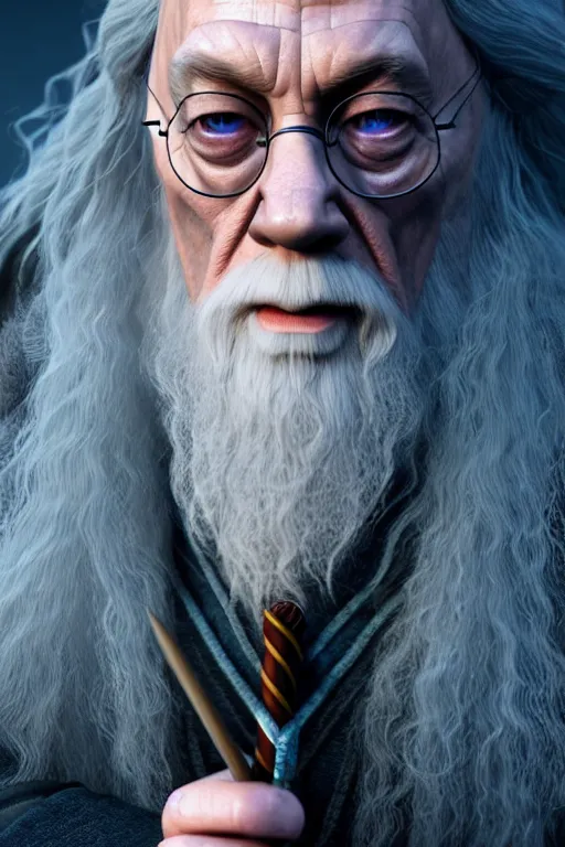 Image similar to harry potter is gandalf, concept art by senior character artist, cgsociety, photorealism, rendered in unreal engine, official art, cold hue's