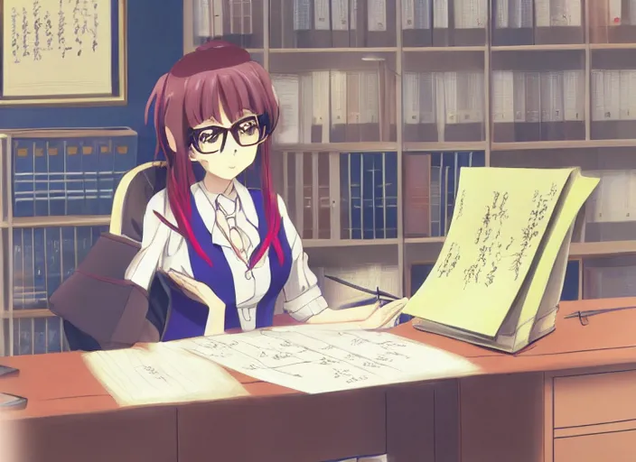 Prompt: secretary doing paperwork in her office, anime fantasy illustration by tomoyuki yamasaki, kyoto studio, madhouse, ufotable, trending on artstation