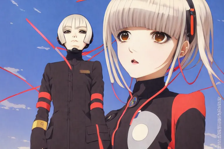 Image similar to last exile, ilya kuvshinov illustration colorful anime portrait of reol along concrete wall, murata range, fine detail, perfect anime face, dramatic lighting, dynamic composition, moody, vivid, fine stippled lighting, grain, art deco, cel shading, rich texture, takashi murakami, yoshinari yoh, alphonse mucha