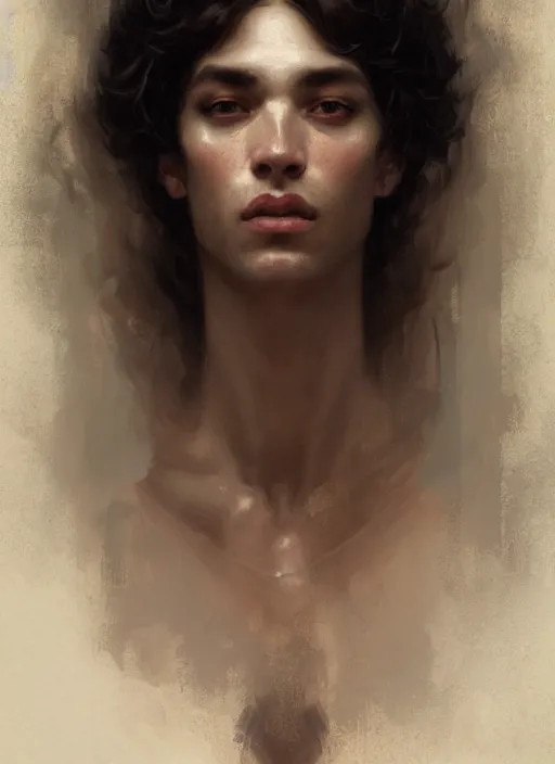 Prompt: Portrait of a handsome person that is half woman half man, intricate, elegant, highly detailed, artstation, concept art, smooth, sharp focus, illustration, art by and greg rutkowski and orientalism and bouguereau