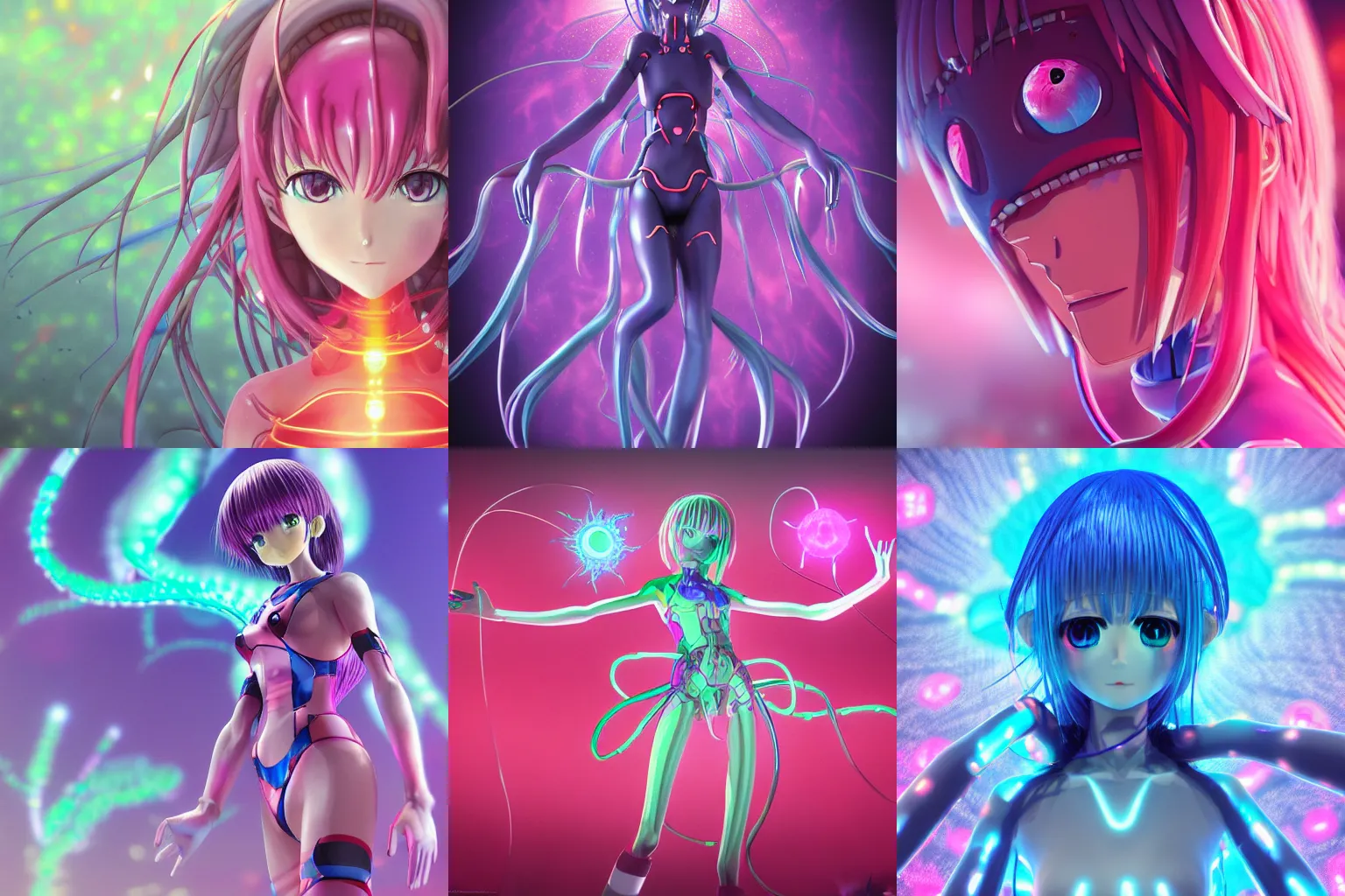 Prompt: intricate anime girl neon genesis evangelion, jellyfish bio-mechanical bio-luminescence, octane render, trending on artstation, hyper realism, 8k, fractals, pattern