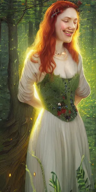 Prompt: young woman, serene smile, surrounded by firefly lights, full covering intricate detailed dress, amidst nature, long red hair, precise linework, accurate green eyes, small nose with freckles, beautiful smooth oval shape face, empathic, expressive emotions, dramatic lights, hyper realistic ultrafine art by artemisia gentileschi, jessica rossier, boris vallejo