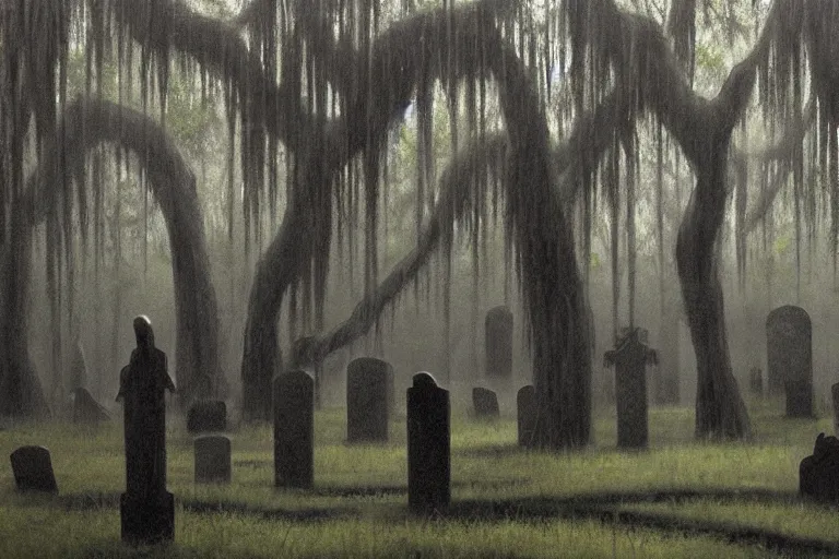 Image similar to scene from louisiana swamps, graveyard, voodoo, artwork by tim eitel