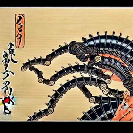 Image similar to biomechanical ukiyo - e woodblock, very detailed, hyperrealistic