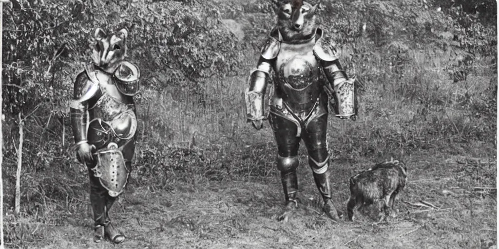 Image similar to anthropomorphic furry wolf in armor standing in front of a farm, 1900s picture