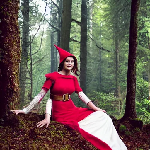 Prompt: photograph of gemma arterton, dressed as an elf in a long rainbow wedding gown, sitting in a colorful forest