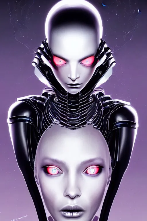 Image similar to Supermodel woman turning into an Android portrait, dark surrealism , scifi, intricate design, elegant, sharp black eyebrows, ornate long flowing platinum blonde hair and small black streaks, highly detailed cybernetic body, neon glowing eyes, digital painting, artstation, concept art, smooth, sharp focus, illustration, art by Artgerm and moebius and Peter Mohrbacher