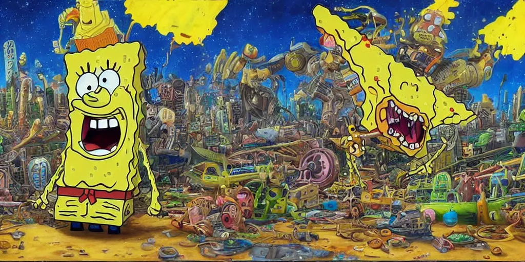 Image similar to a high detailed painting of a monster hybrid fusion of spongebob and patrick, having a fit of rage and destroying a futuristic city, surrealism, magical realism bizarre art
