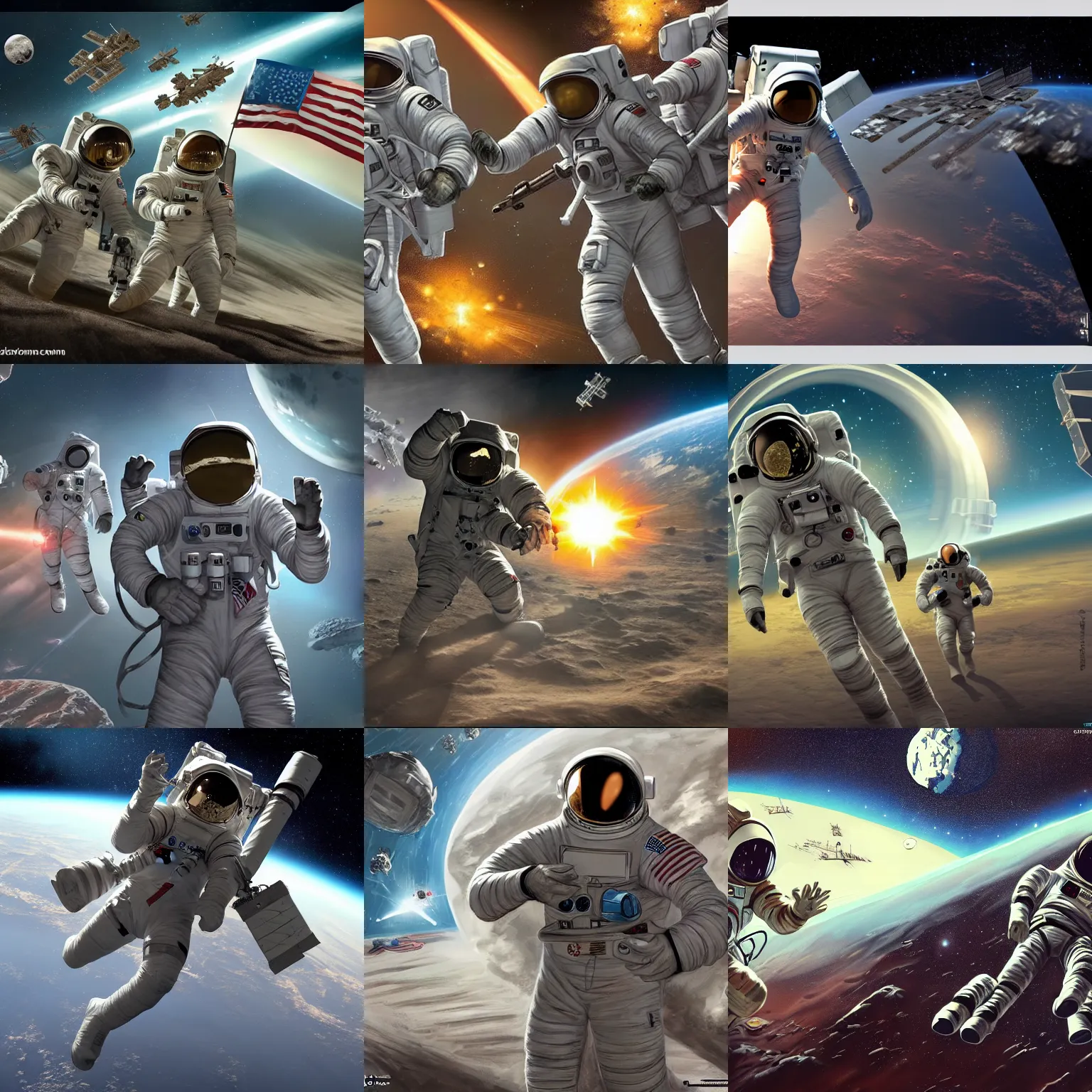 Prompt: an astronaut shoot a group of soilder far away near a space station in the space. trending on art station.