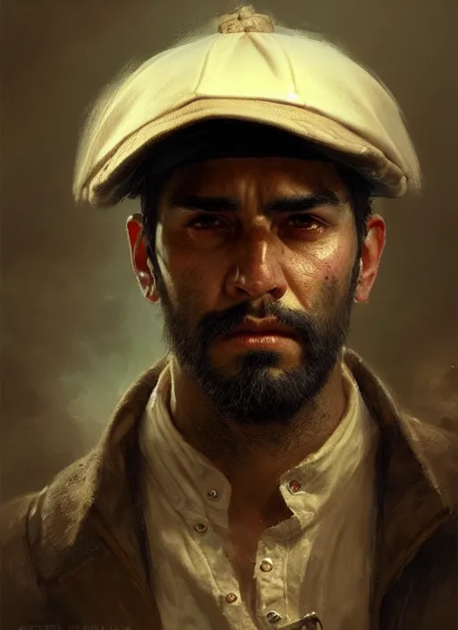 Image similar to portrait of a rugged hispanic man wearing a sailors cap, victorian, concept art, detailed face, fantasy, close up face, highly detailed, cinematic lighting, digital art painting by greg rutkowski