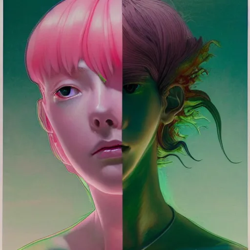 Image similar to prompt : pink and green portrait soft light painted by james jean and katsuhiro otomo and erik jones, inspired by evangeleon anime, smooth face feature, intricate oil painting, high detail illustration, sharp high detail, manga and anime 1 9 9 0