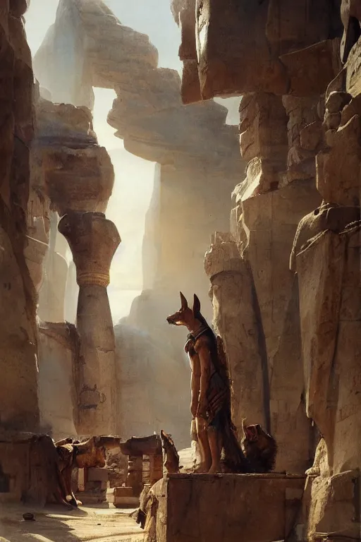 Image similar to beautiful landscape oil matte painting, of ancient egypt giant satue of anubis, art by anders zorn, wonderful masterpiece by greg rutkowski, beautiful cinematic light, thomas lawrence, greg rutkowski