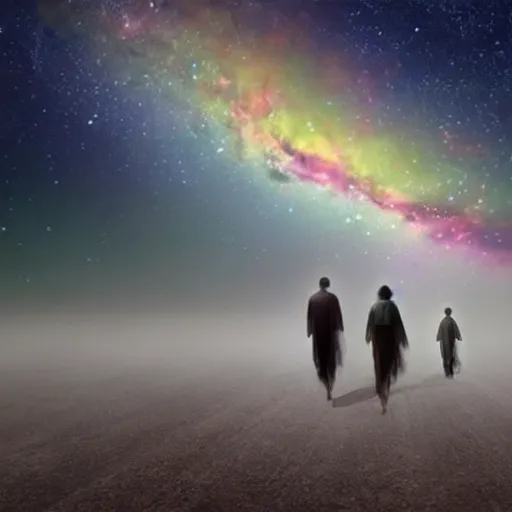 Prompt: dreamy vision of ghosts walking through milky way galaxy, epic, cosmic