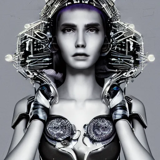 Image similar to closeup portrait of an absurdly beautiful, graceful, sophisticated, fashionable cyberpunk mechanoid gravure idol, ultrafine hyperdetailed illustration by irakli nadar, matt wisniewski style, marvel comics, intricate linework, porcelain skin, neon jellyfish headdress, ivory carved ruff, unreal engine 5 highly rendered, global illumination, radiant light, detailed and intricate environment