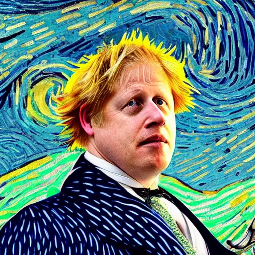 Prompt: detailed portrait of boris johnson as an 1890s peasant with enoumous crazy hair at a party at a cafe on a starry night painted by van gogh. digital art. high quality.