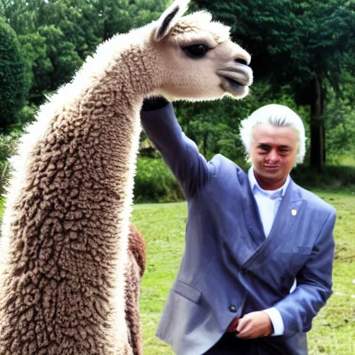 Image similar to geert wilders touching alpaca behind