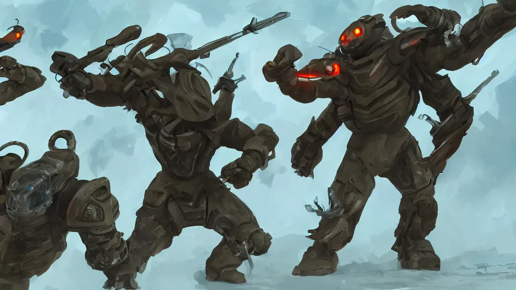 Image similar to two futuristic soldiers fighting giant bugs, concept art