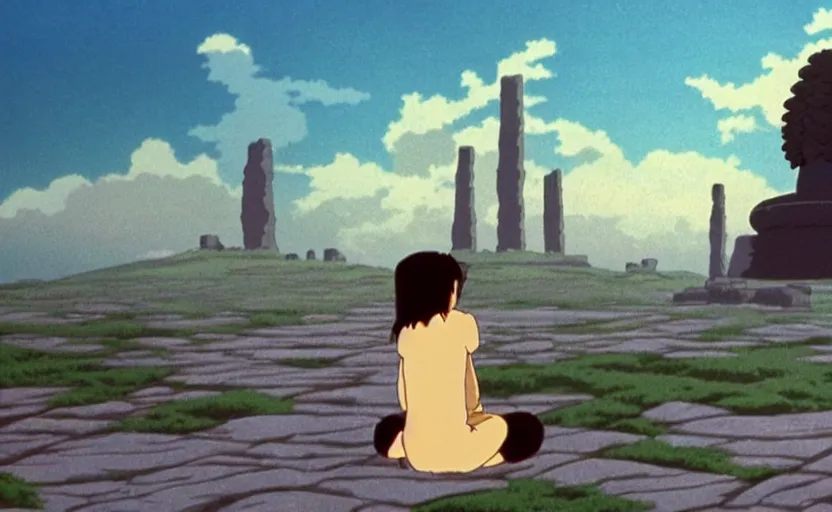 Image similar to movie still from studio ghibli movie showing a highly detailed landscape with a giant long haired buddha in lotus position with stonehenge in the background. 1 9 8 0 s science fiction, 1 9 7 0 s science fiction, cyberpunk, misty, depth perception, 4 k