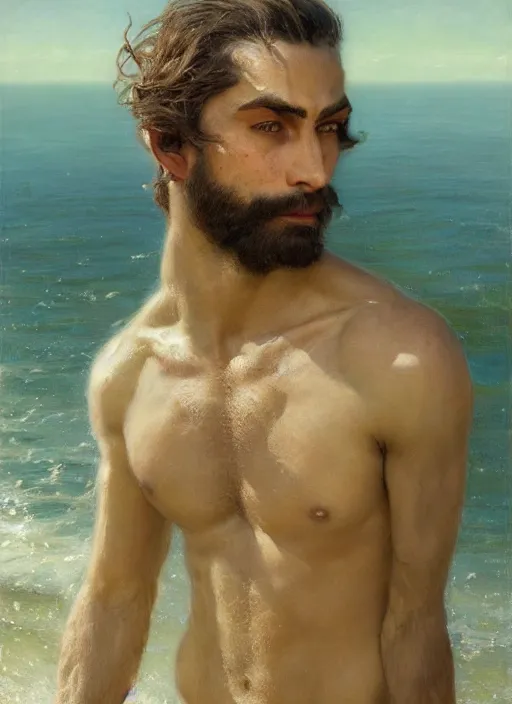 Prompt: detailed cinematic wide shot of muscular attractive young portuguese man beard slim face symmetrical face tanskin green eyes white hair wearing sea clothes, ultra realistic, spring light, painting by gaston bussiere, craig mullins, j. c. leyendecker