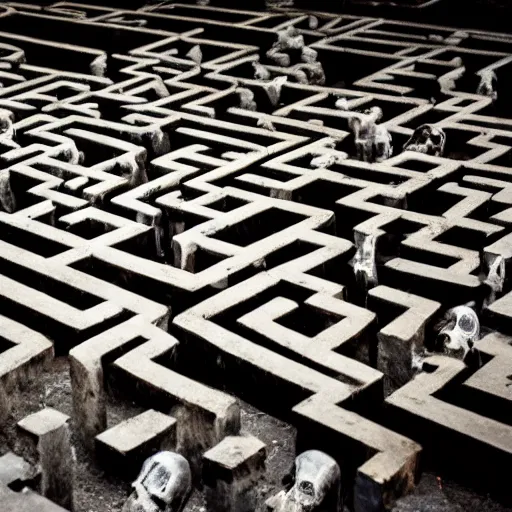 Prompt: a maze lined with skulls underground, photgraphy