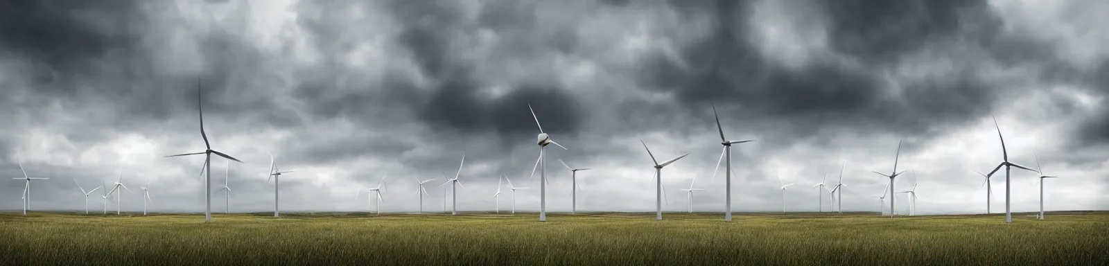 Image similar to Stormy sky with the lightings in the clouds, blueshift render, just 1 wind turbine in the background, depth of field, pipes and vaults on the ground, photorealistic, photo lense, focus, Full HD, 1128x191 resolution