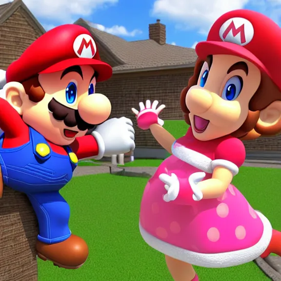 Prompt: mario and princess peach finally settle down and buy a home, 3 d render