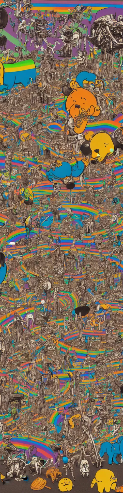 Image similar to epic mural of grizzly bear skeletons dancing, rainbow tubing, hieronymus bosch, victor moscoso, owsley, r crumb, clean outlines, shusei nagaoka, kaws, james jean, octane render