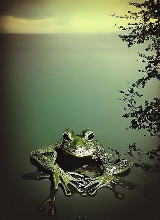 Image similar to “semitranslucent smiling frog vertically hovering over misty lake waters in crucifix pose, low angle, long cinematic shot by Andrei Tarkovsky, paranormal, eerie, mystical”