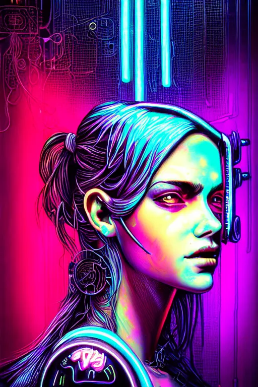 Image similar to dreamy cyberpunk girl portrait, neon wall on background, detailed acrylic, grunge, intricate complexity, by dan mumford and by jonathan solter