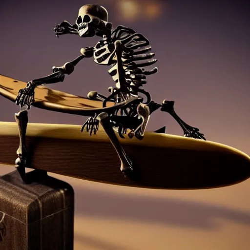 Image similar to steampunk skeleton riding a surfboard 4k hd