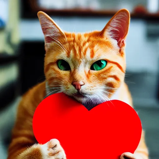 Image similar to cute orange tabby cat holding a sign with a red heart symbol