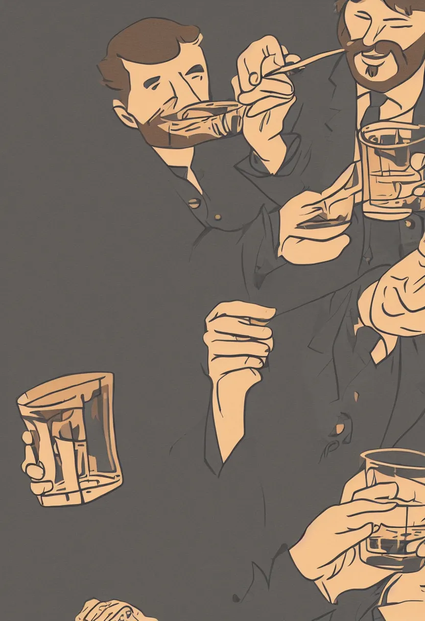 Image similar to a man drinking whiskey on his birthday, highly detailed 2 d illustration in matte colors