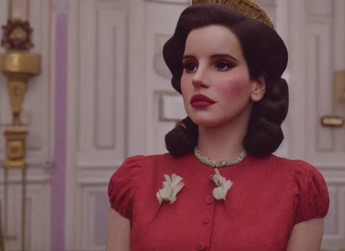 Prompt: a film still closeup of lana del rey in the grand budapest hotel ( 2 0 1 4 )