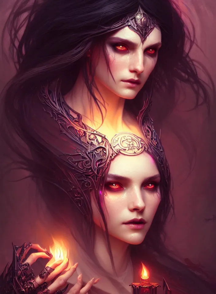 Image similar to Necromancer Sorceress face in center, fantasy magic, undercut hairstyle, dark light night, intricate, elegant, sharp focus, illustration, highly detailed, digital painting, concept art, matte, art by WLOP and Artgerm and Greg Rutkowski and Alphonse Mucha, masterpiece