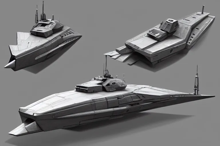 Prompt: concept art of a futuristic military boat, in gunmetal grey, extremely symmetrical, blueprint schematics, top down view, bottom view, side view, mecha inspired, gun turret, robotic, highly detailed, artstation, pinterest, super realistic, hard surface model, autodesk maya, octane render